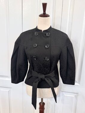 BCBG Black Floral Jacquard Cropped Belted Gothic Chic Jacket, size Small/Medium